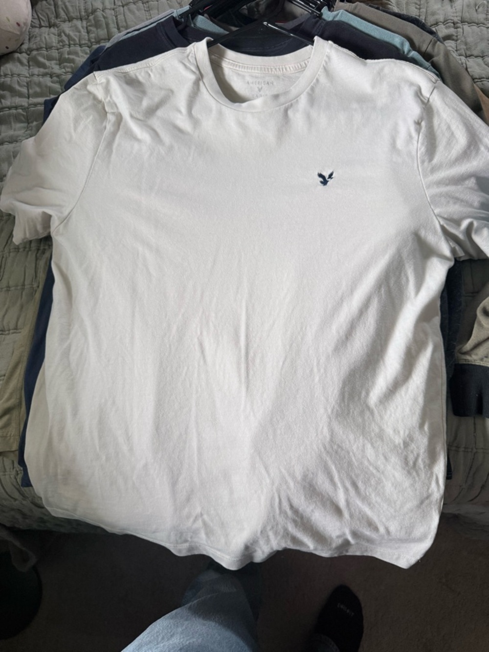 American Eagle Outfitters White Crewneck T-Shirt with Navy Chest Logo